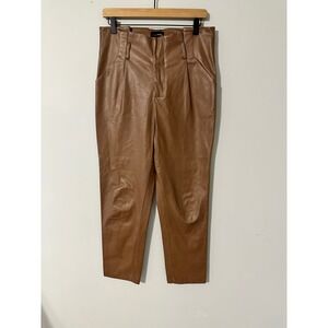 Lucy Paris Faux Leather Tailored Paper bag Trousers Camel Brown Pleated Size M